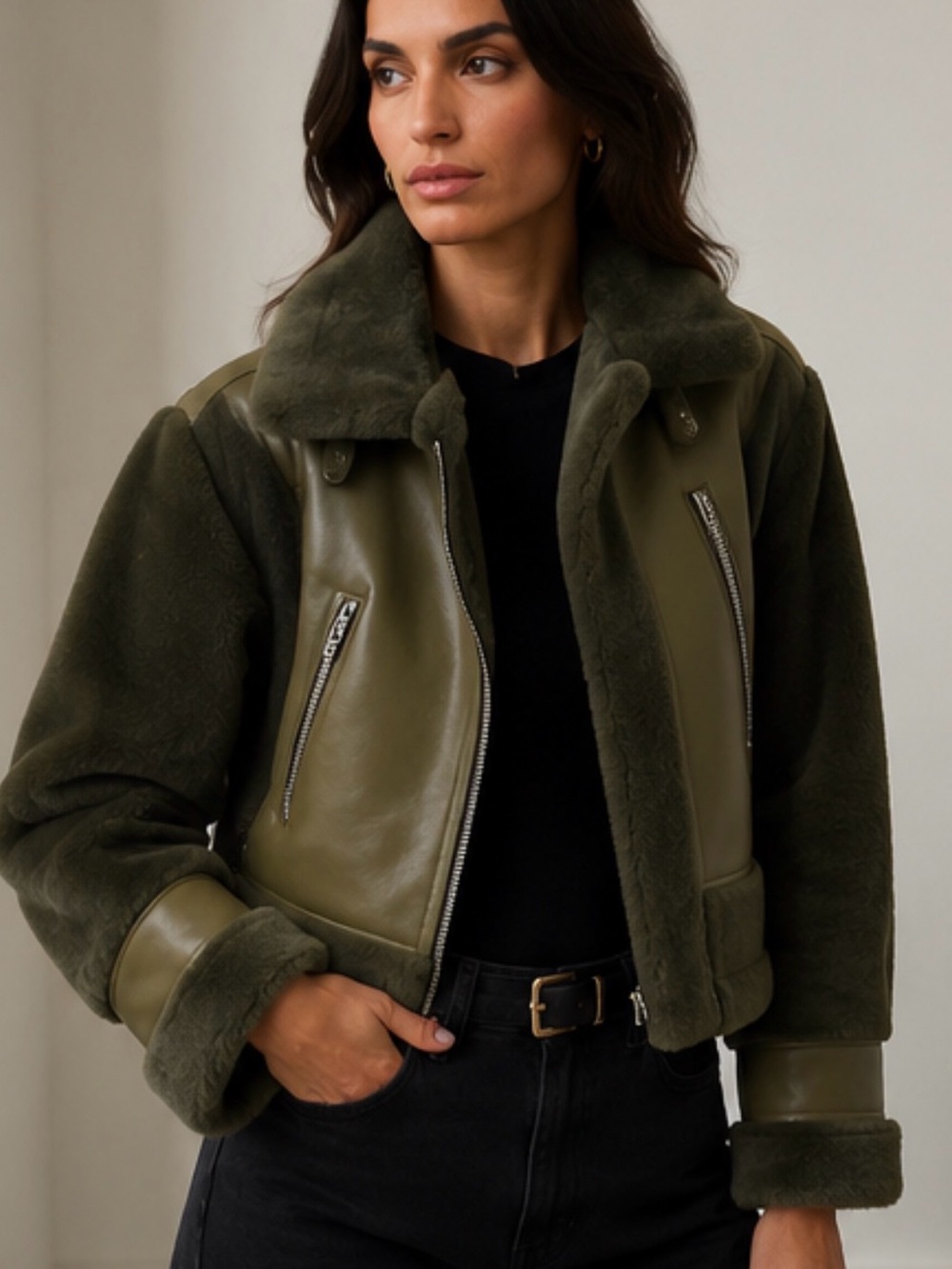BLANKNYC Olive Vegan Leather Faux Fur Moto Jacket NWT Small